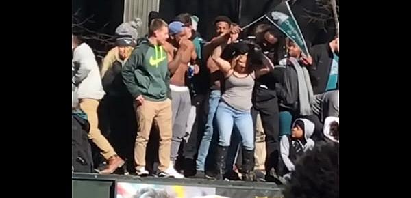  White Girl Shaking Titties at Philadelphia Eagles Super Bowl Celebration Parade